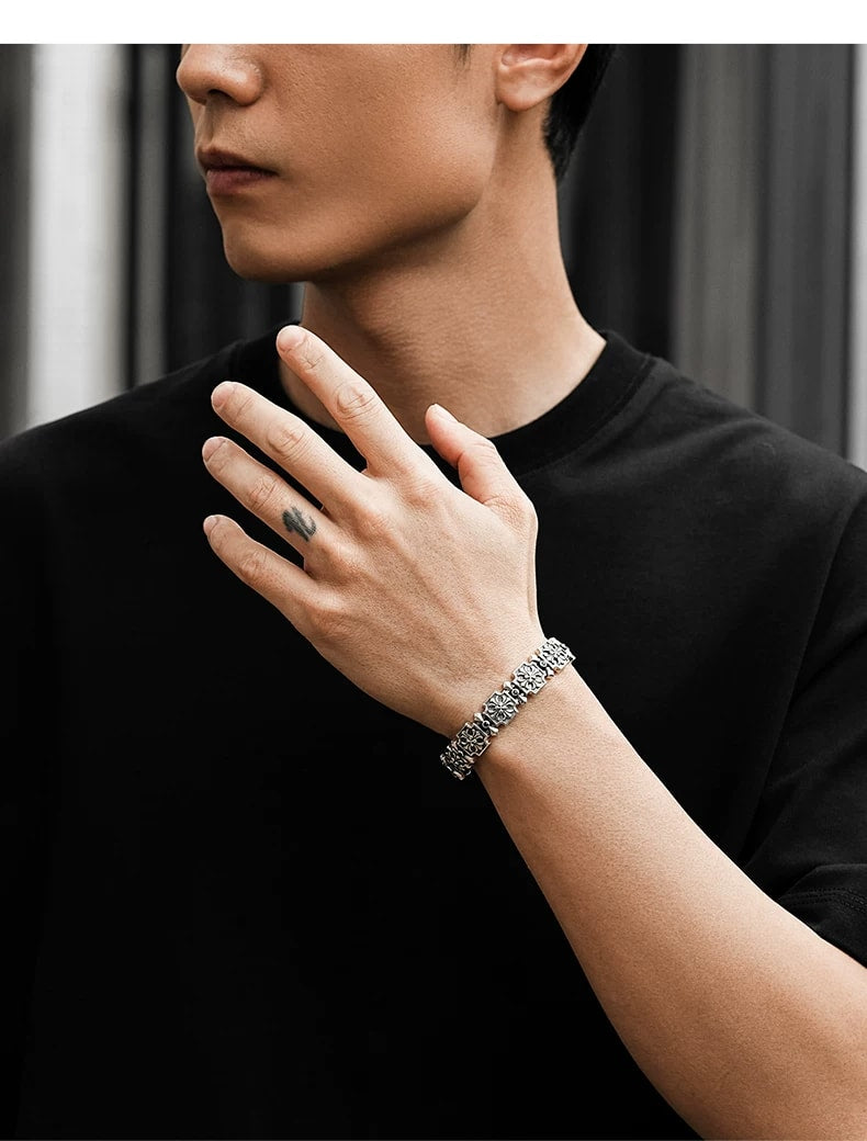 3D Fleur-de-Lis Cross Sterling Silver Biker Bracelet – wrist and design view 1
