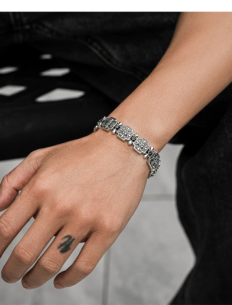 3D Fleur-de-Lis Cross Sterling Silver Biker Bracelet – wrist and design view 2