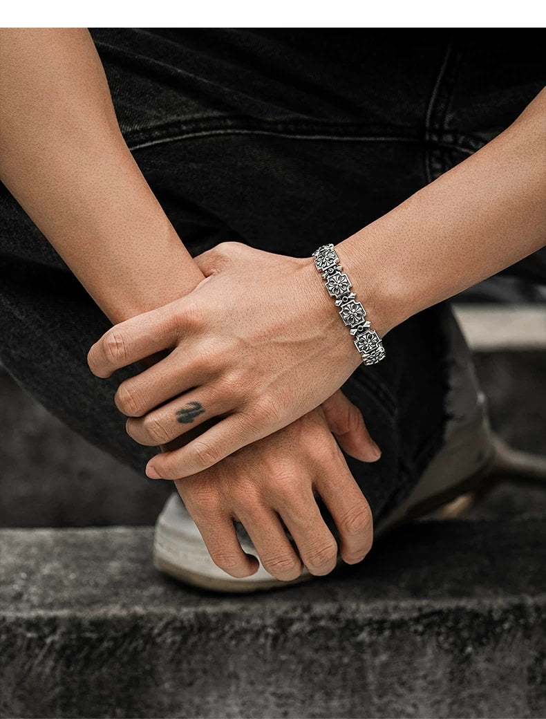 3D Fleur-de-Lis Cross Sterling Silver Biker Bracelet – wrist and design view 3