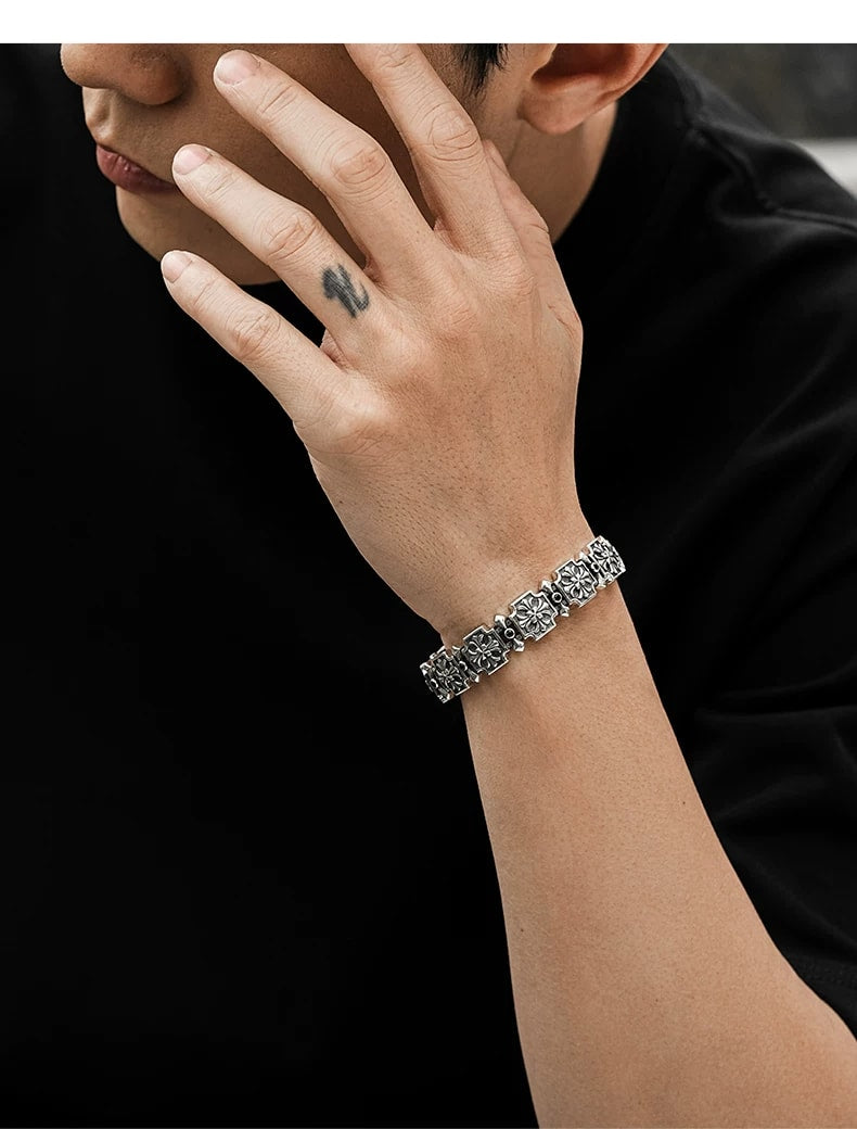 3D Fleur-de-Lis Cross Sterling Silver Biker Bracelet – wrist and design view 4