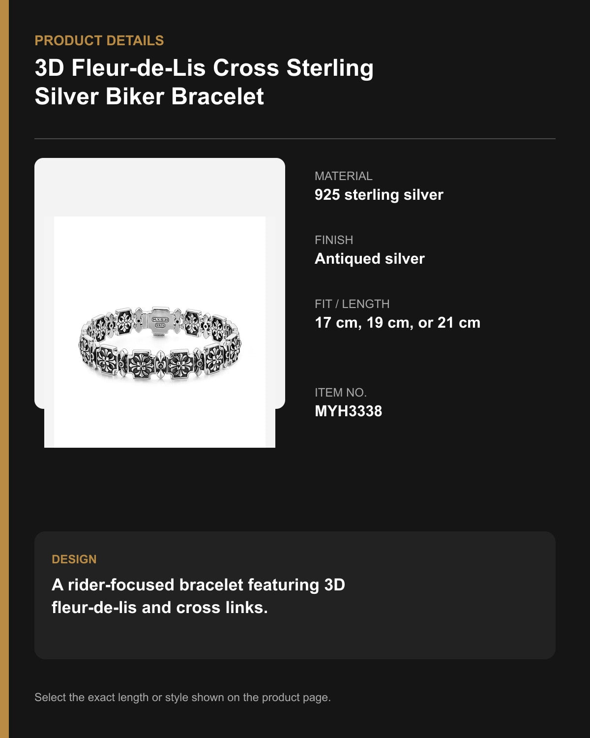3D Fleur-de-Lis Cross Sterling Silver Biker Bracelet – English product details