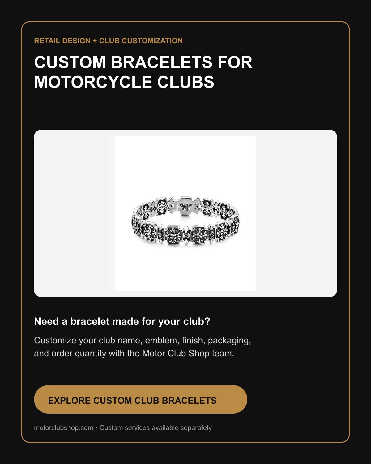 Custom motorcycle club bracelets by Motor Club Shop