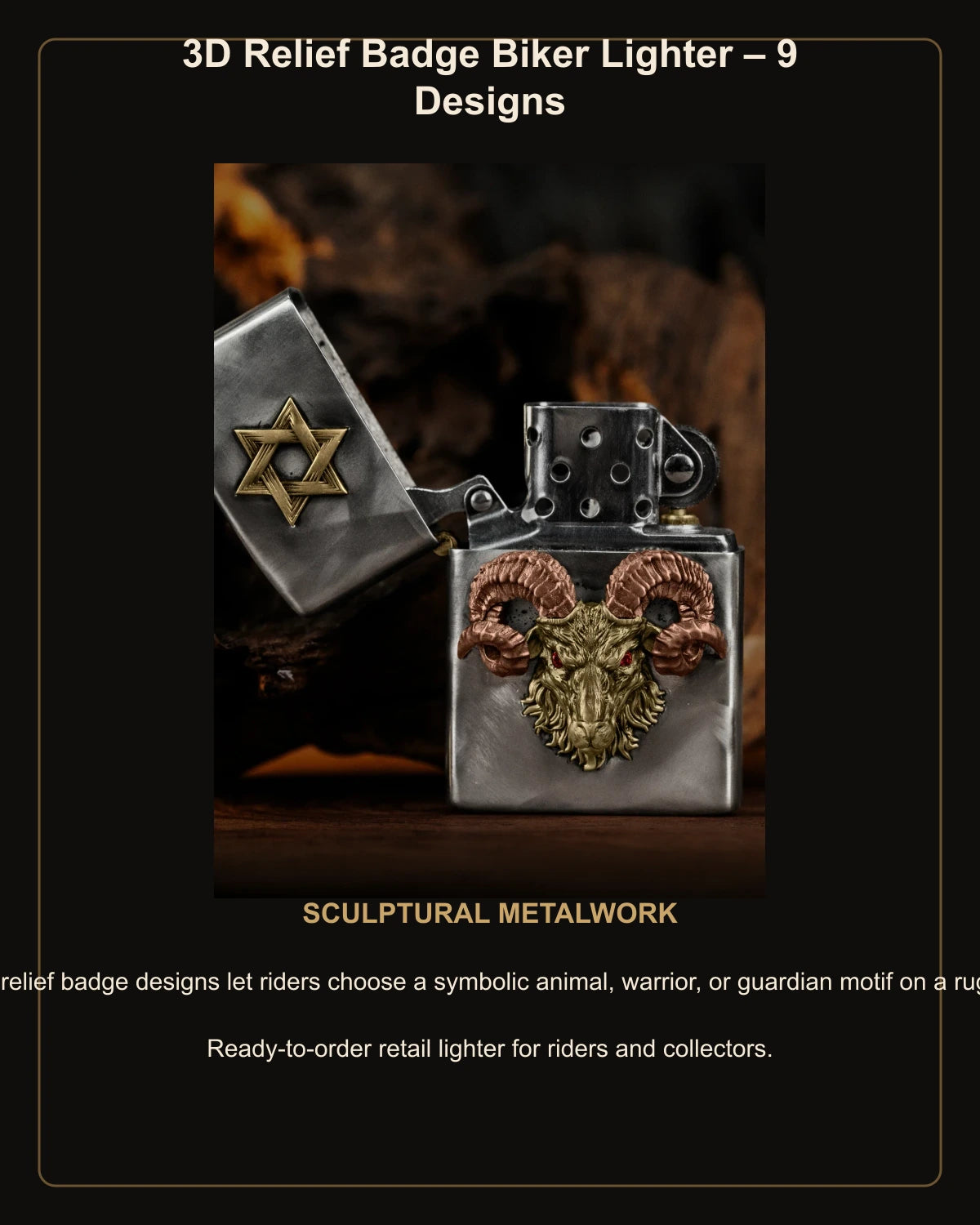 3D Relief Badge Biker Lighter – 9 Designs – English design story