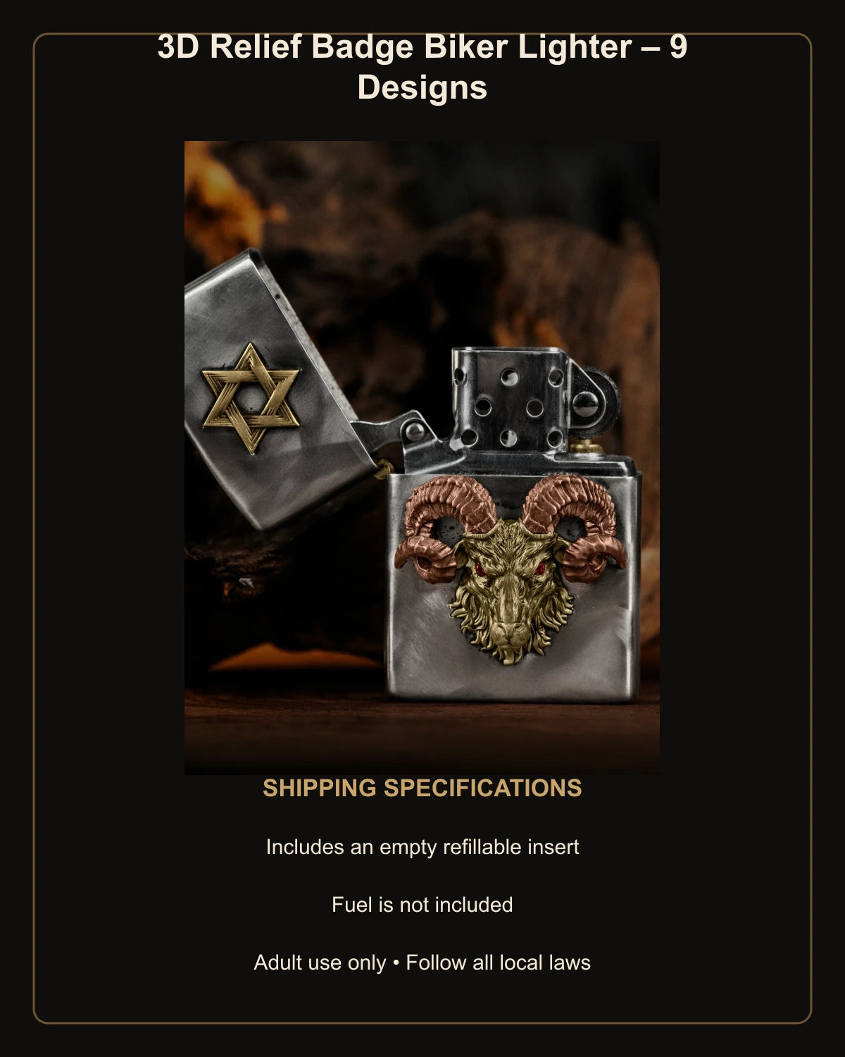 3D Relief Badge Biker Lighter – 9 Designs – empty refillable insert included and no fuel supplied