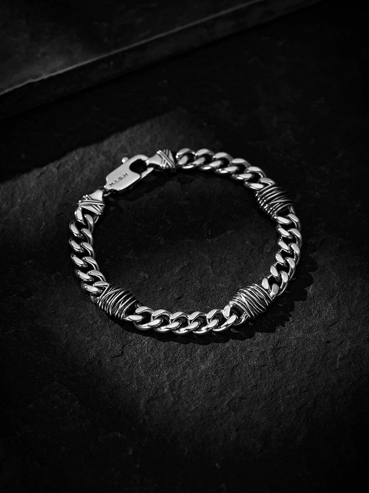 3D Thorn Sterling Silver Cuban Link Biker Bracelet – design view 1