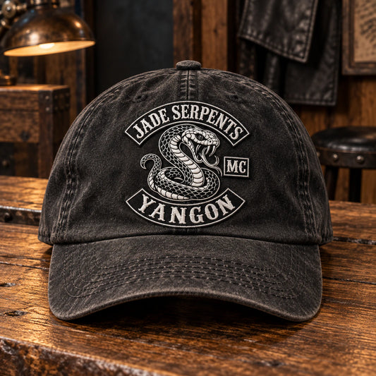 club merchandise motorcycle club vintage dad hat with an authorized club logo.