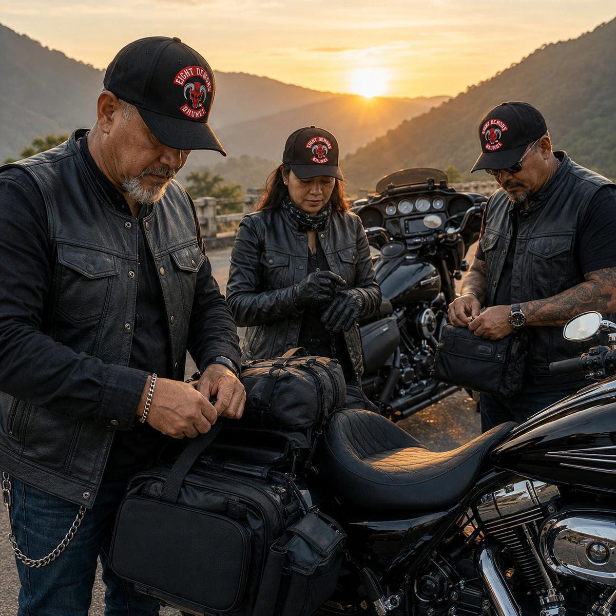 エイト・デーモンズ・モーターサイクルクラブのライダーたちは、山岳走行の準備をしながら、お揃いのカーブブリムキャップをかぶっている。