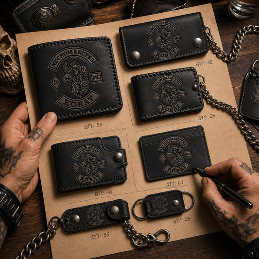 Authorized motorcycle club logo, wallet style references and order requirements prepared for a custom request.