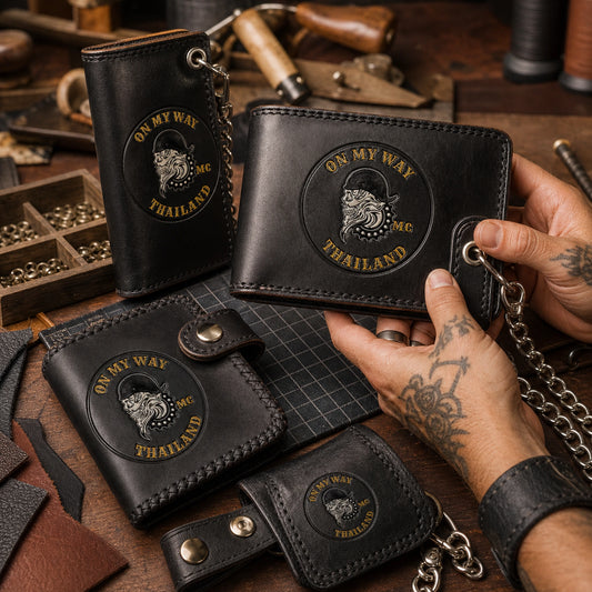 Designer preparing a custom motorcycle club wallet concept from an authorized logo and selected leather options.