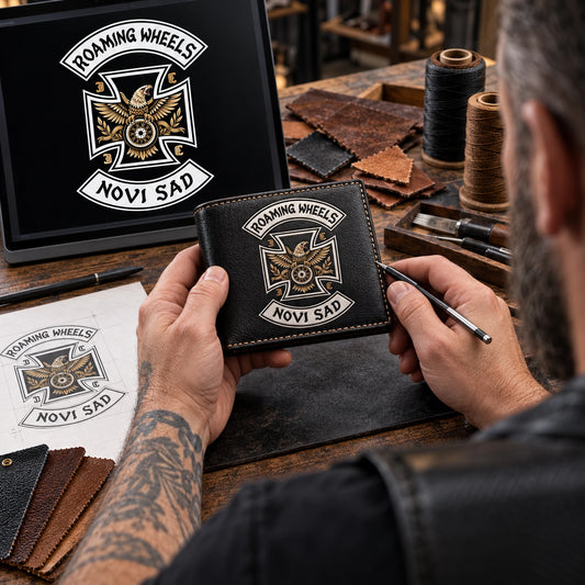 Step 2 — Send Your Club Logo shown as custom motorcycle club leather wallet gear with an authorized club emblem.