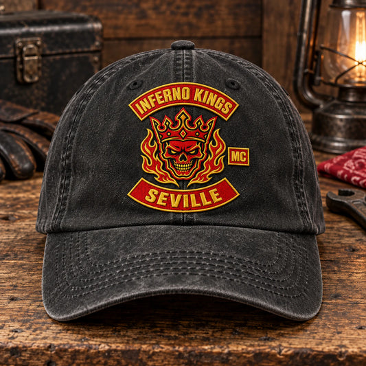 bulk order support motorcycle club vintage dad hat with an authorized club logo.