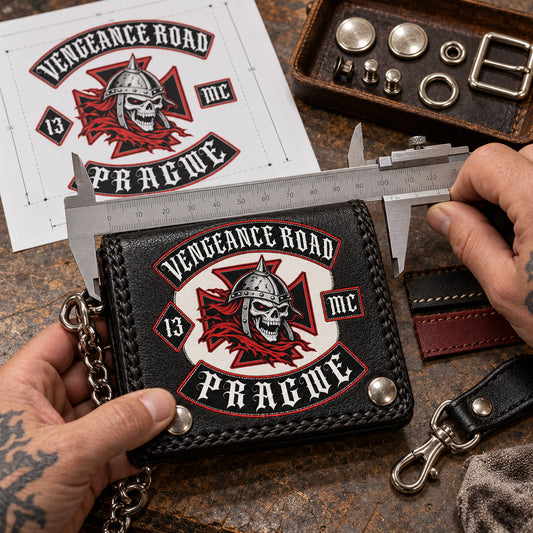 Step 3 — Confirm the Details shown as custom motorcycle club leather wallet gear with an authorized club emblem.