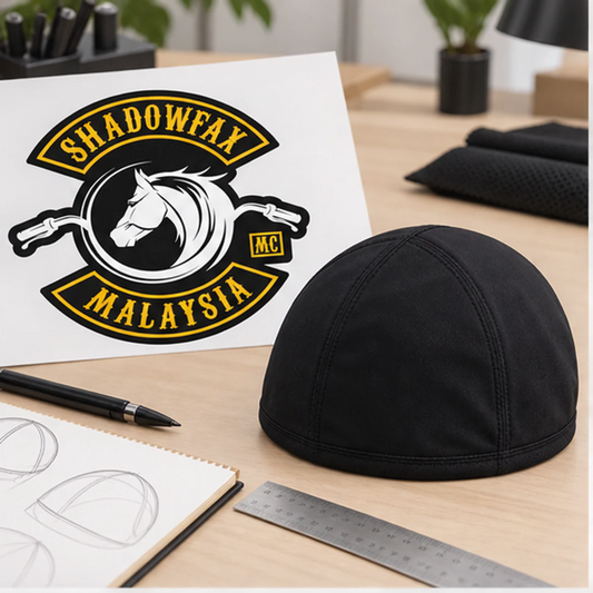 STEP 1 — SEND YOUR CLUB LOGO custom motorcycle club skull cap with an approved full-coverage club design.