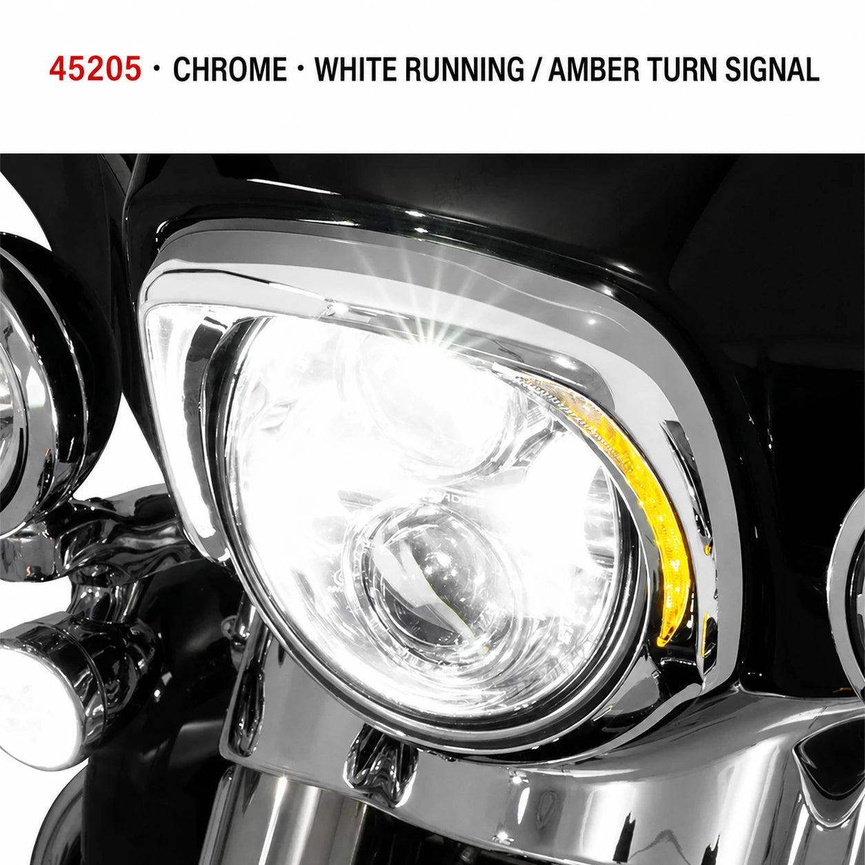 45205 chrome LED headlight trim with white running and amber turn signals