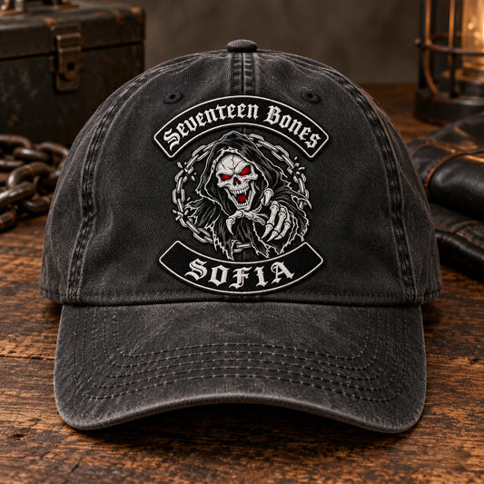 review design quote motorcycle club vintage dad hat with an authorized club logo.