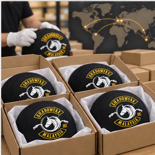 STEP 4 — SAMPLE / PRODUCTION & SHIPPING custom motorcycle club skull cap with an approved full-coverage club design.