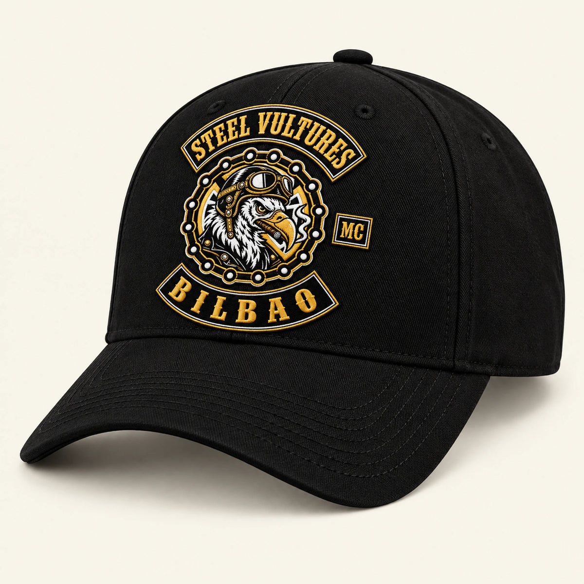 Isolated true-black curved-brim cap on a warm neutral background with accurate material color and no color cast.