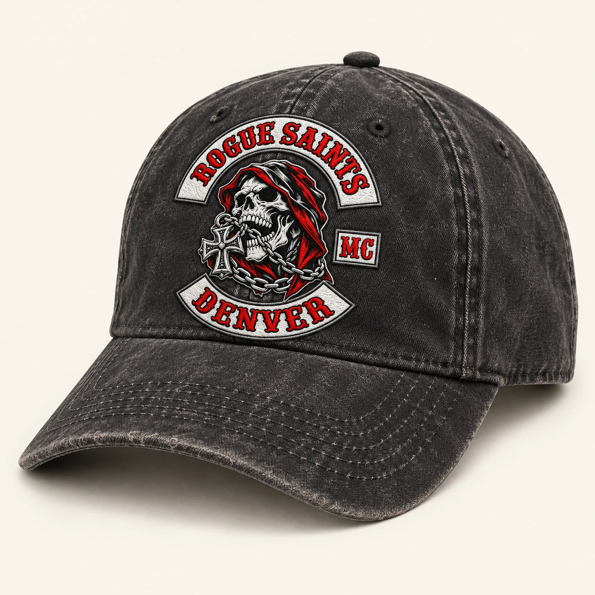 Isolated washed-black cap with visibly faded seams and broken-in tonal variation, clearly different from solid black.