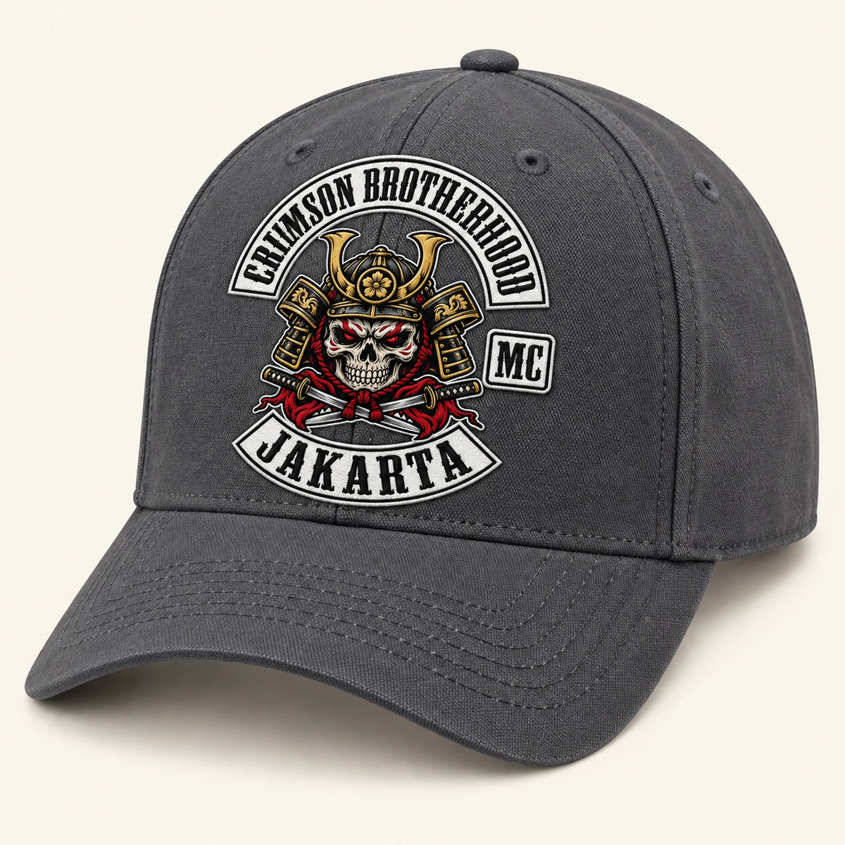 Isolated charcoal-grey curved-brim cap on a neutral light background with accurate mid-dark grey color rendering.