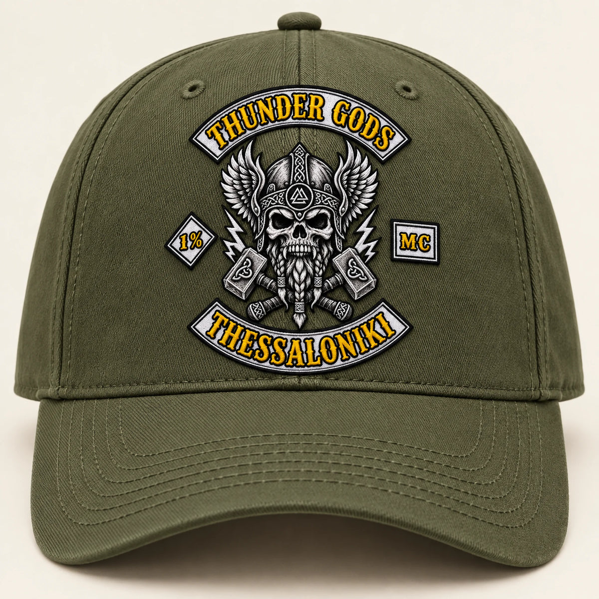 Olive motorcycle club curved-brim cap photographed under neutral studio lighting.