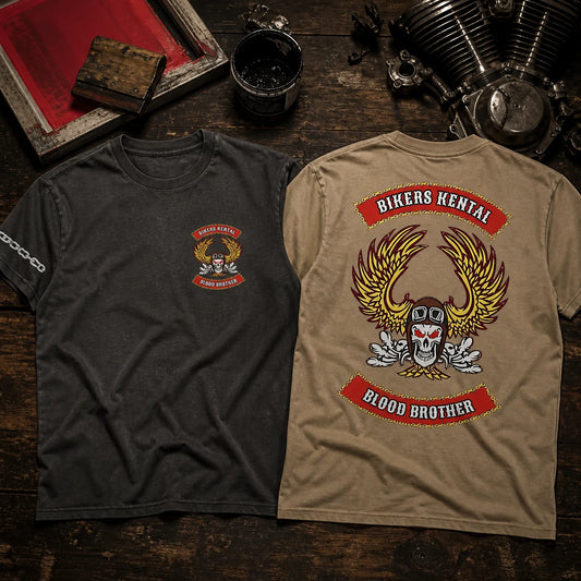 BIKERS KENTAL motorcycle club T-shirts showing a small left-chest emblem on the front and the complete large club logo on the back.