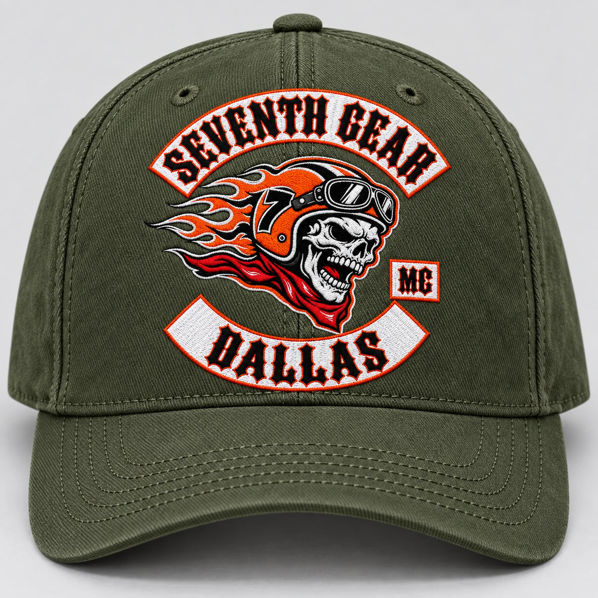 Military-green motorcycle club curved-brim cap with accurate field-style fabric color.