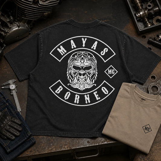 MAYAS MG boxy heavyweight short-sleeve club T-shirt with the complete large logo on the back and a small left-chest emblem on the front.