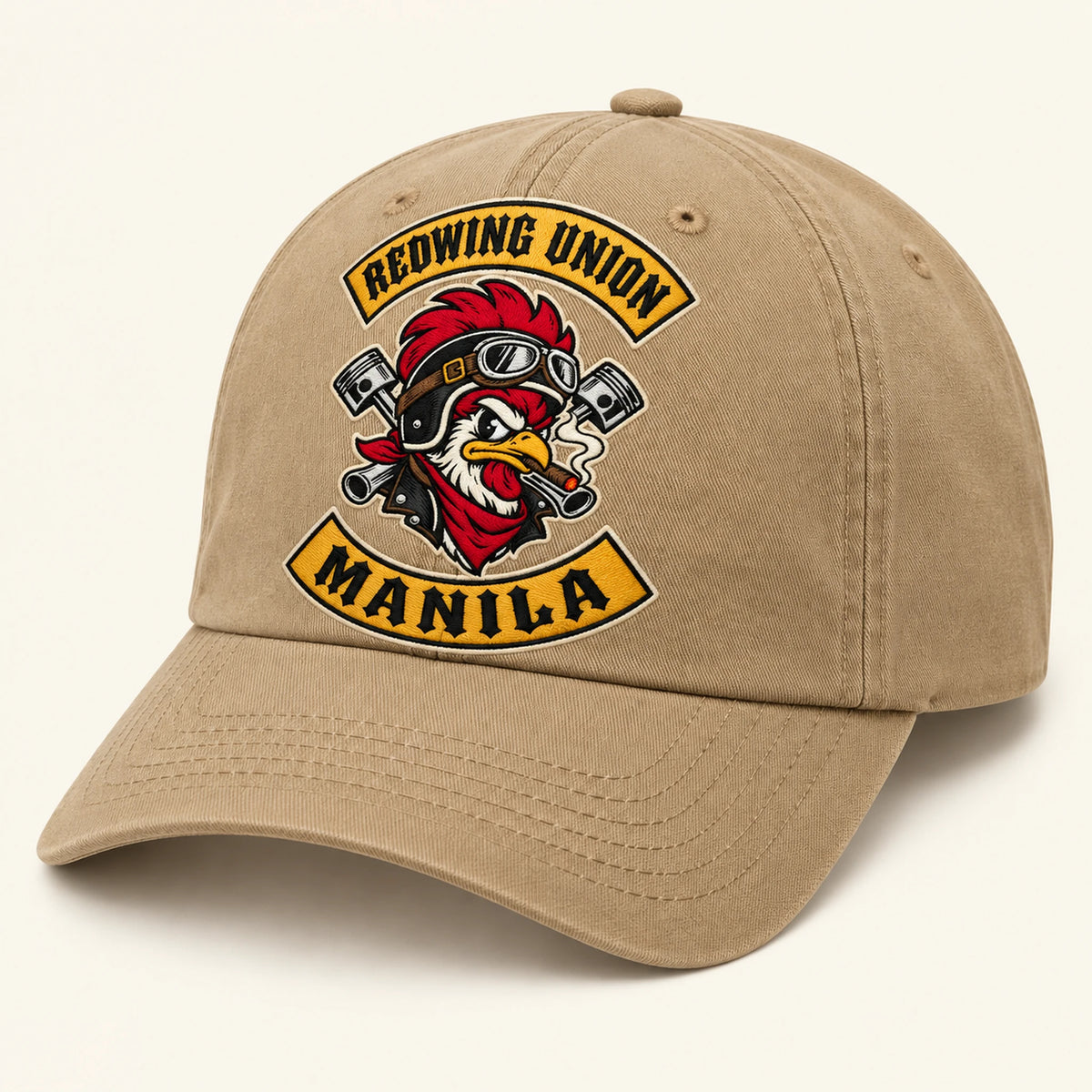 Isolated warm khaki curved-brim cap on a clean neutral background with accurate tan-beige fabric color.