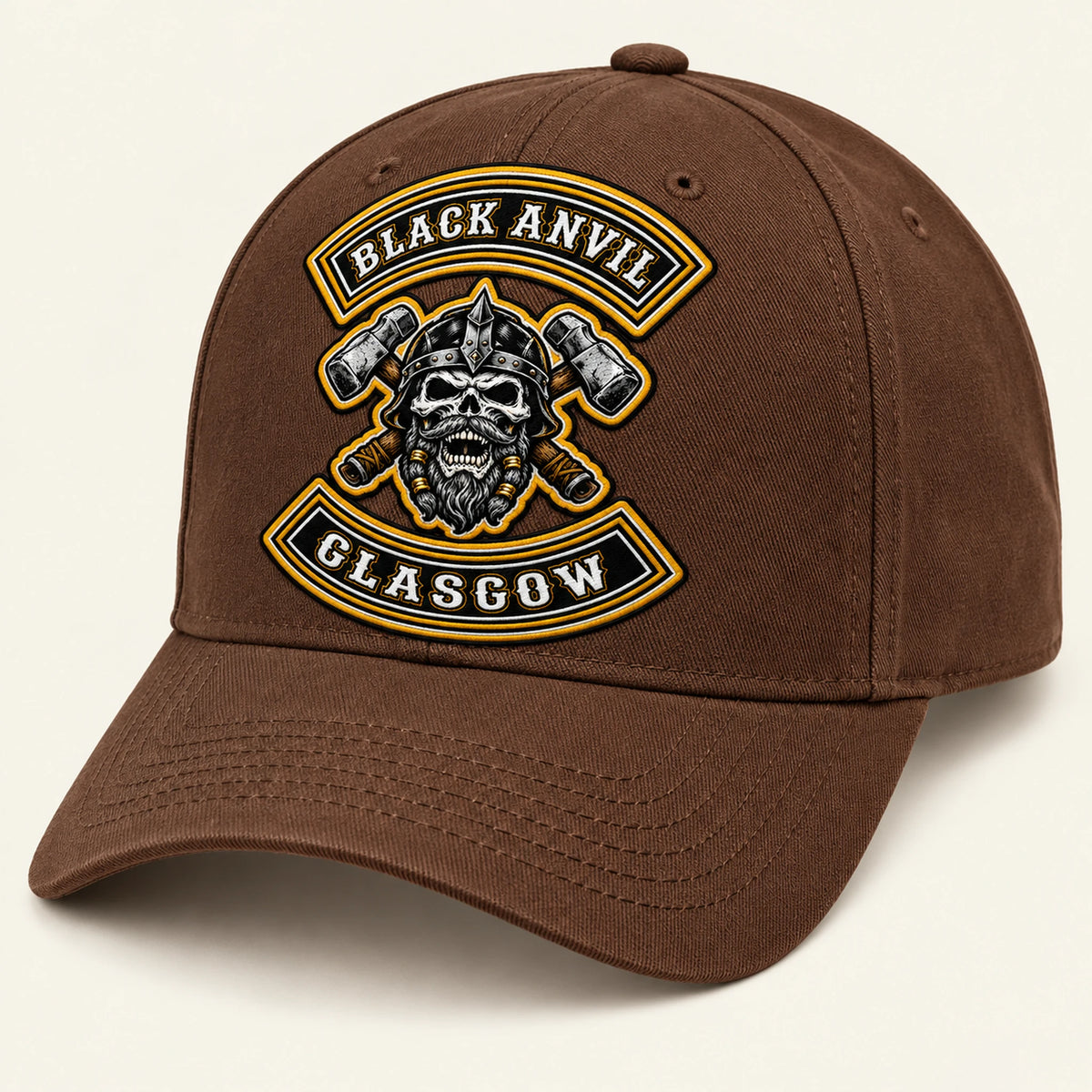 Isolated rich brown curved-brim cap with rugged cotton texture on a neutral background, clearly distinct from khaki.