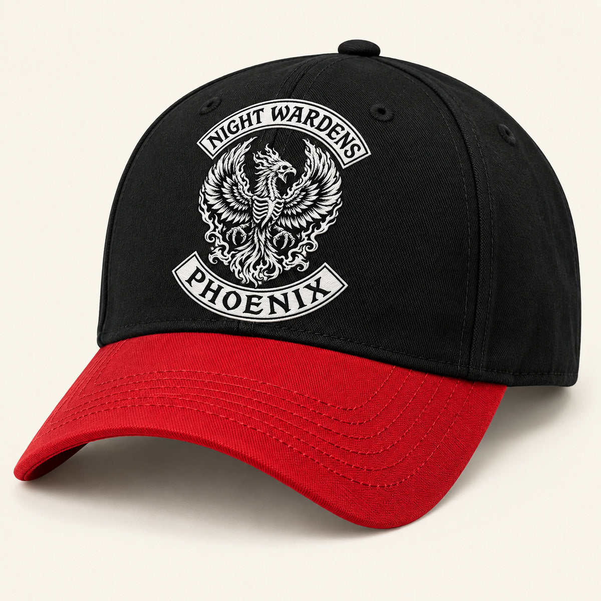 Isolated two-tone cap with a black crown and clearly red curved brim, maintaining a realistic stitched construction.