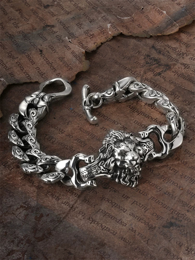 Engraved Lion Head 925 Silver Biker Bracelet product view 2