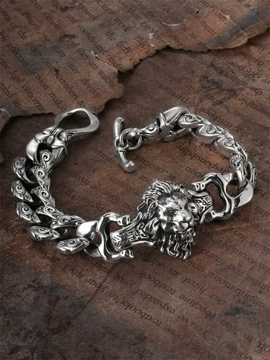 Engraved Lion Head 925 Silver Biker Bracelet product view 2