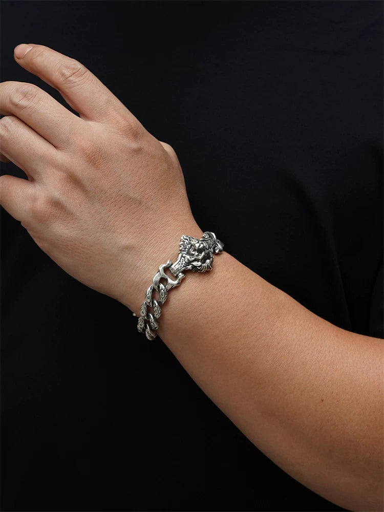 Engraved Lion Head 925 Silver Biker Bracelet product view 4