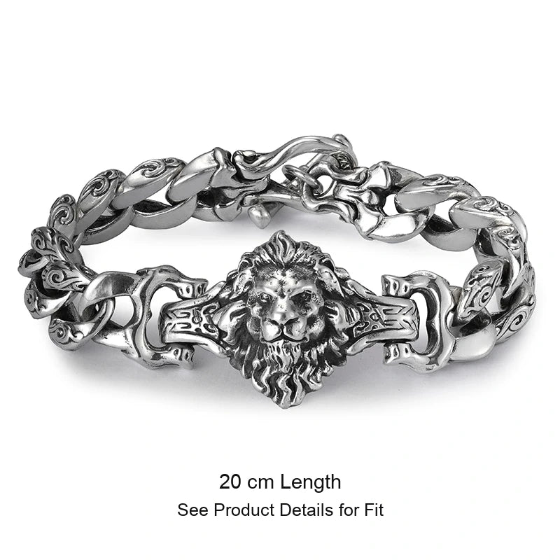 Engraved Lion Head 925 Silver Biker Bracelet size option 1