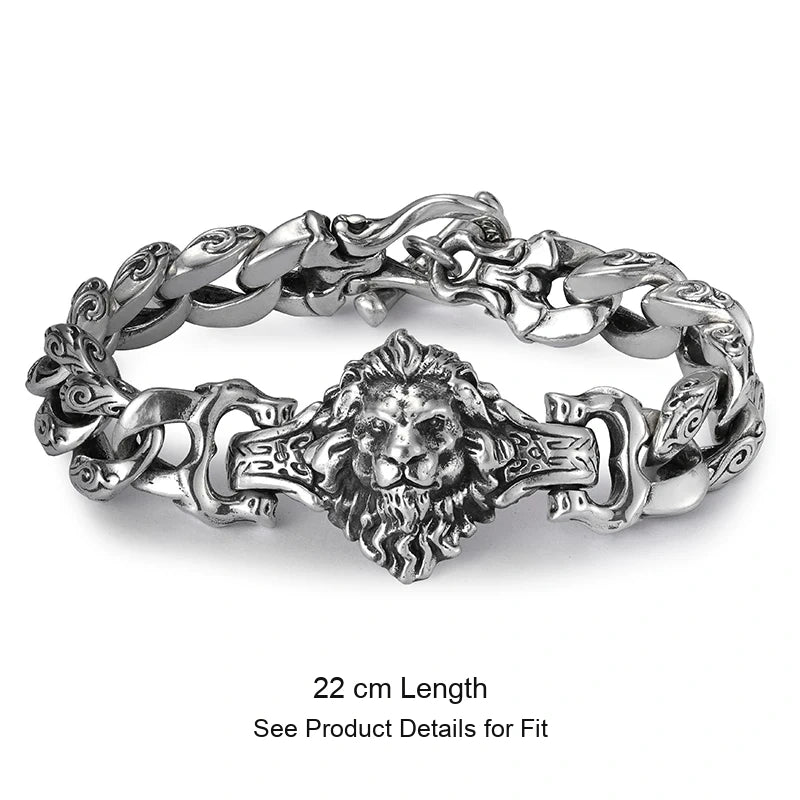 Engraved Lion Head 925 Silver Biker Bracelet size option 2