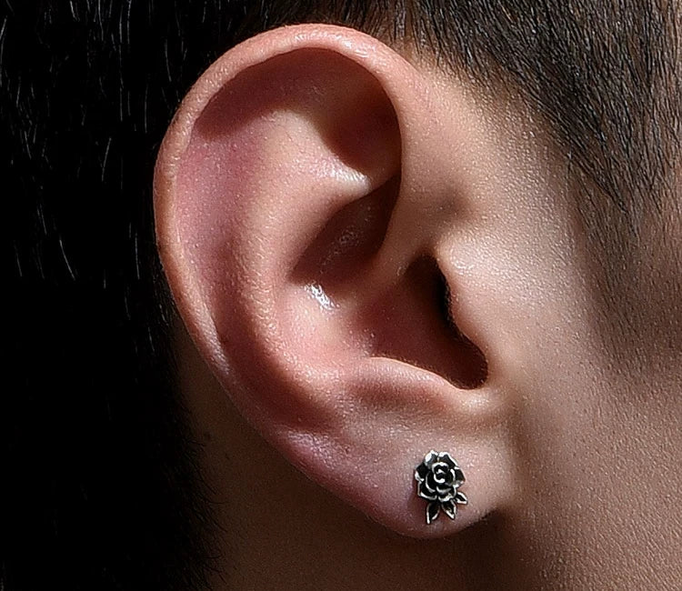 Sterling Silver Skull Rose Stud Earrings for Bikers - view 2