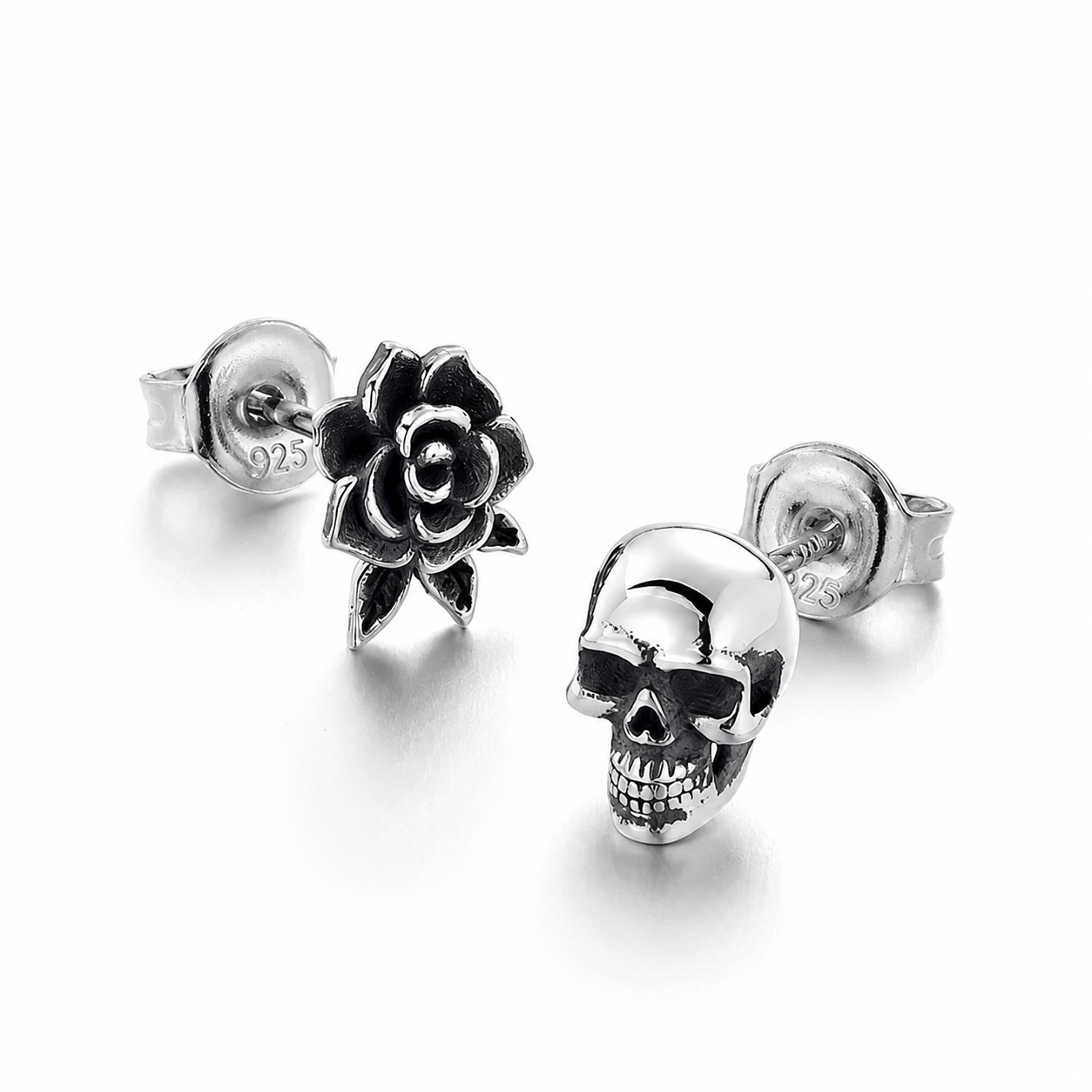 Sterling Silver Skull Rose Stud Earrings for Bikers - product-only front view