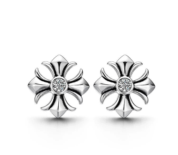 Sterling Silver Cross Flower Stud Earrings for Bikers - view 1