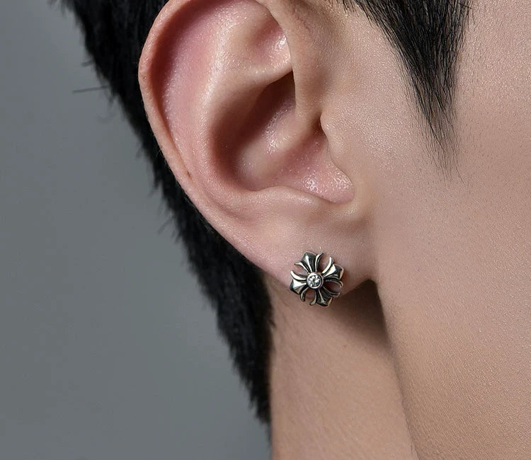 Sterling Silver Cross Flower Stud Earrings for Bikers - view 2