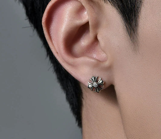 Sterling Silver Cross Flower Stud Earrings for Bikers - view 2
