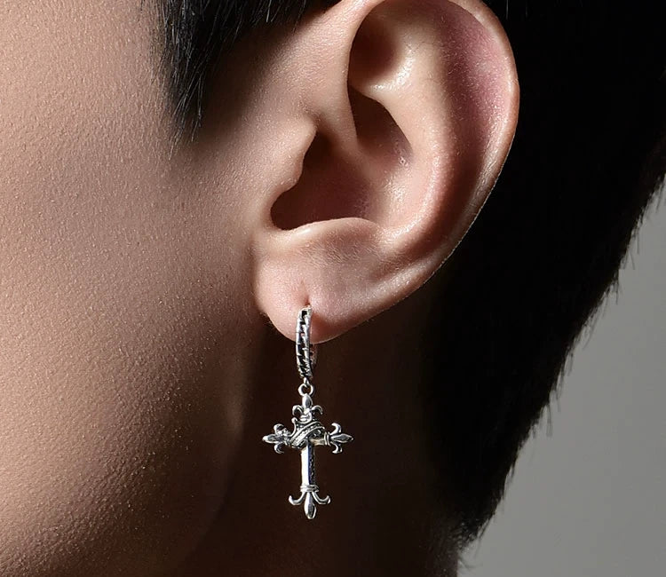 Sterling Silver Fleur-de-Lis Crown Cross Drop Earrings for Bikers - view 1