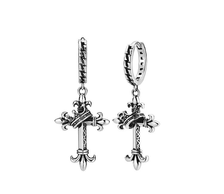 Sterling Silver Fleur-de-Lis Crown Cross Drop Earrings for Bikers - view 2