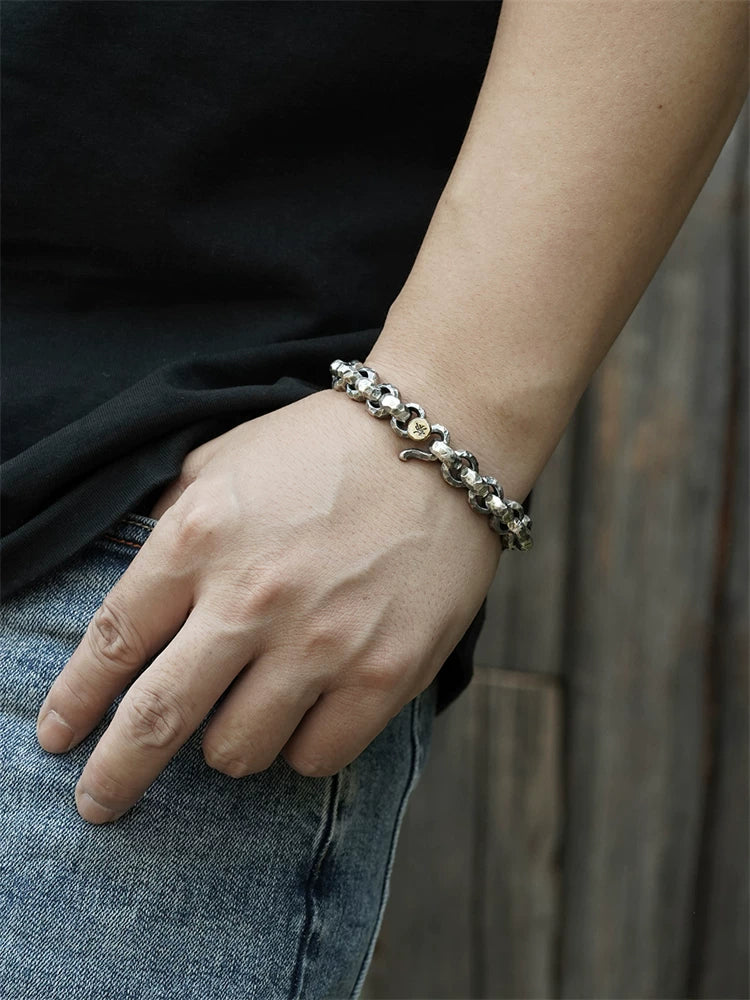 11mm Engraved Lucky Bead 925 Silver Biker Bracelet product view 4