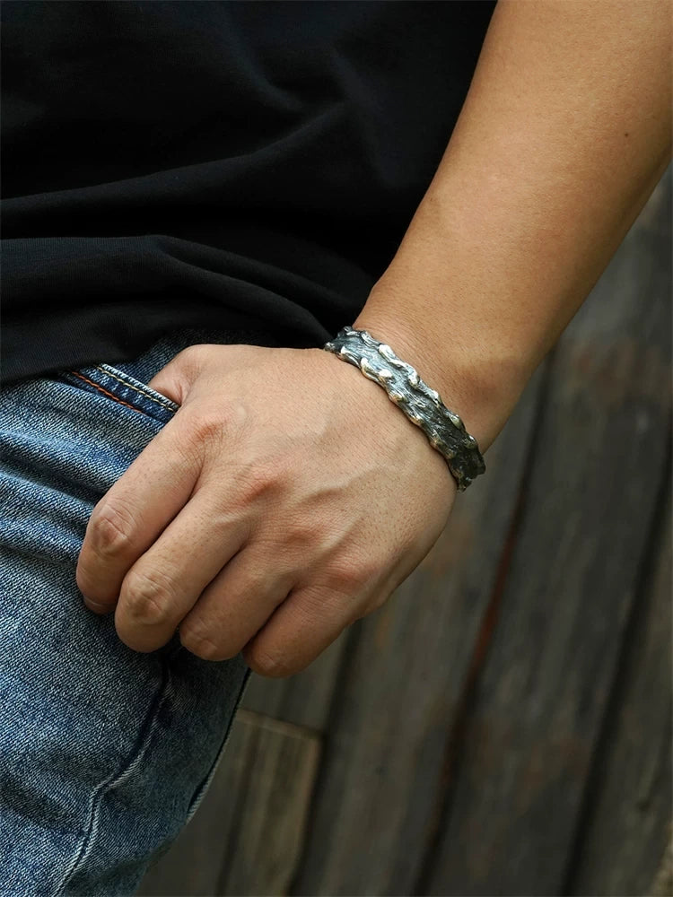 River of Time Rough-Cast 925 Silver Biker Cuff product view 3