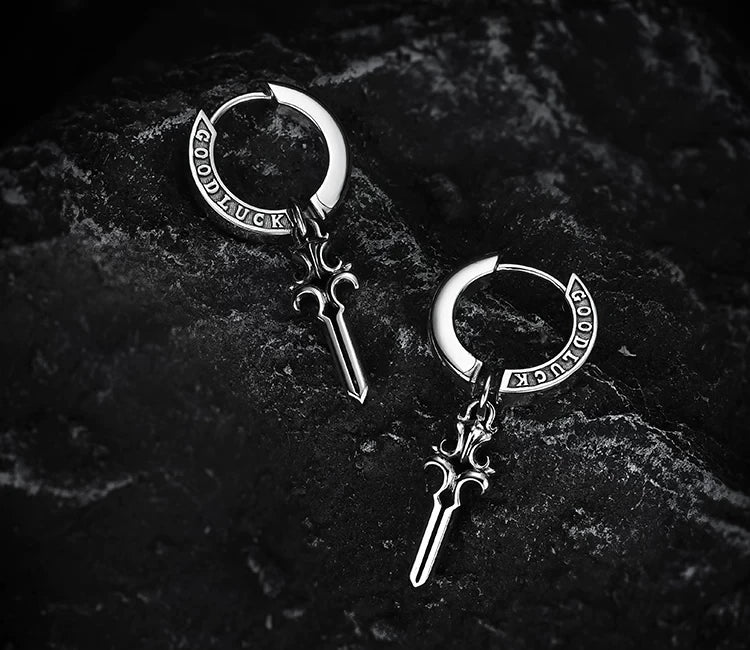 Sterling Silver Good Luck Sword Drop Earrings for Bikers - view 2
