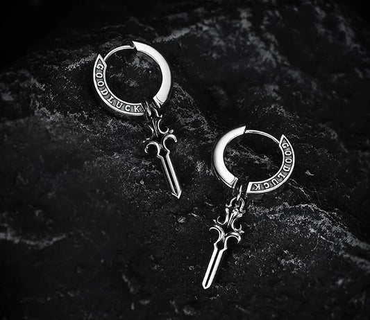 Sterling Silver Good Luck Sword Drop Earrings for Bikers - view 2