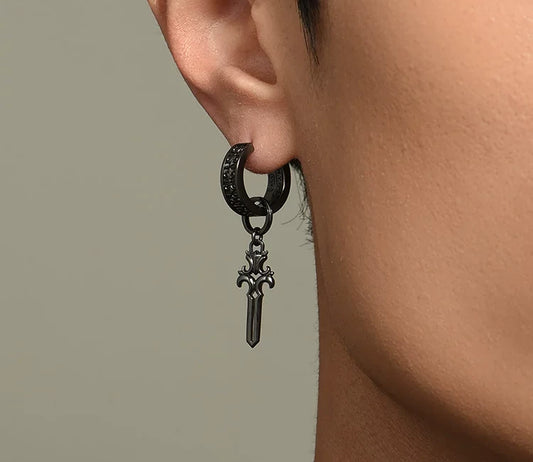Sterling Silver Fleur-de-Lis Sword Drop Earrings for Bikers - view 1