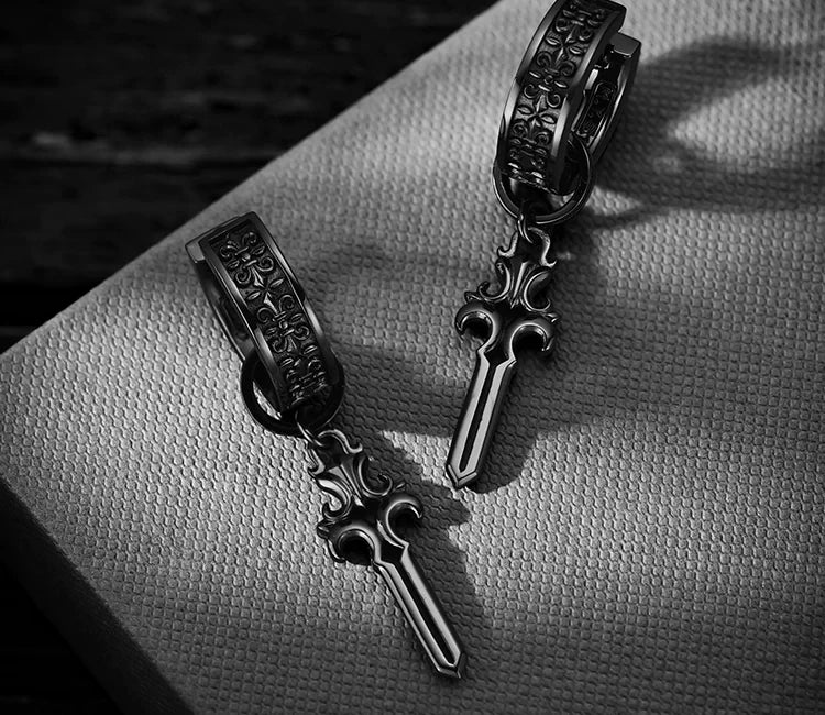 Sterling Silver Fleur-de-Lis Sword Drop Earrings for Bikers - view 2