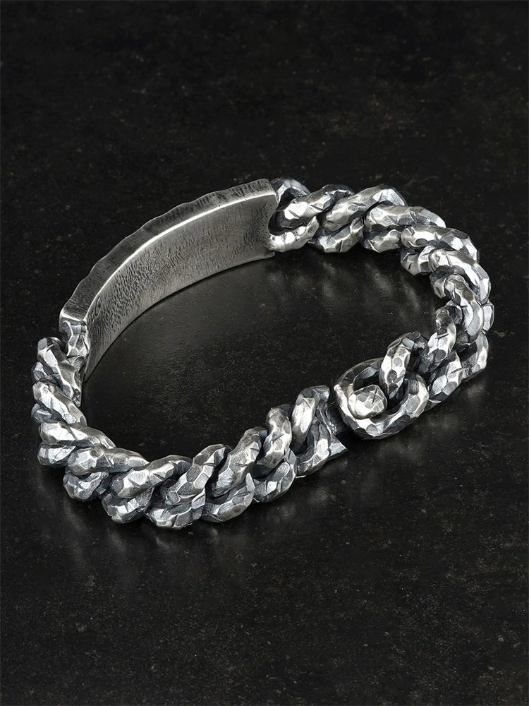 Hammered ID Plate 925 Sterling Silver Biker Bracelet product view 2