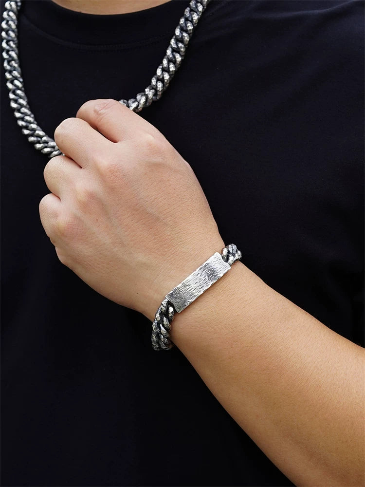 Hammered ID Plate 925 Sterling Silver Biker Bracelet product view 3